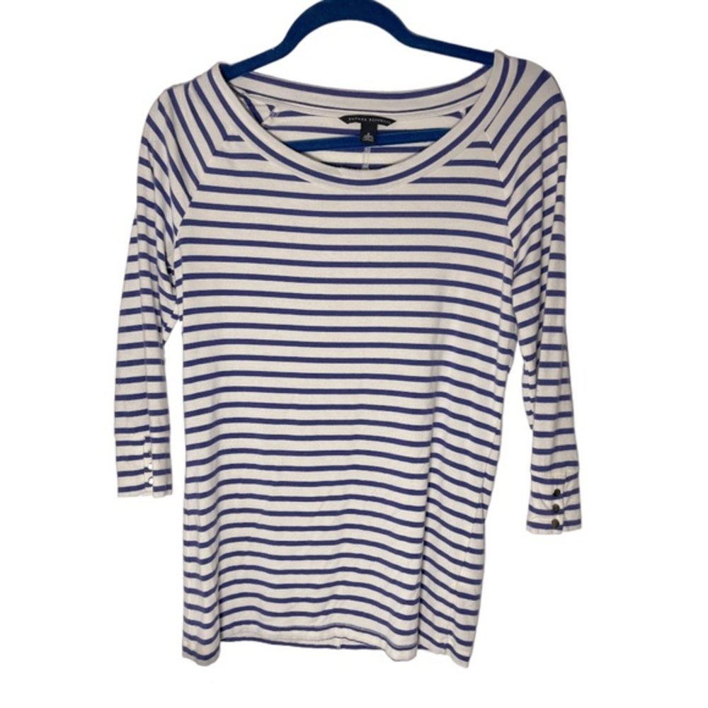 Banana Republic White Long Sleeved T-Shirt with Royal Blue Stripes